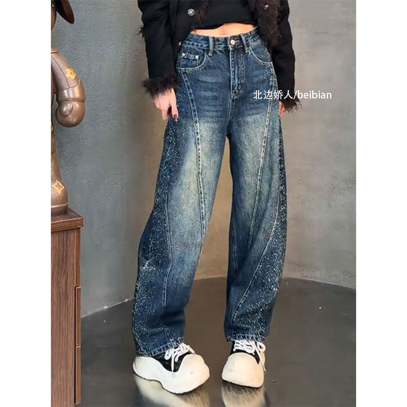 欧货时尚满天星烫钻阔腿牛仔裤女2026早春大码复古宽松百搭弯刀裤,女装/女士精品,大码裤装,淘宝优惠券,粉丝福利购,淘宝优惠卷