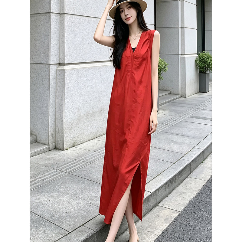 高端大气上档次V领无袖连衣裙女图片