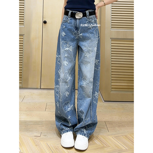 欧美风印花高级感弯刀牛仔裤女2026早春高腰百搭宽松阔腿牛仔长裤