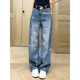 欧美风印花高级感弯刀牛仔裤 女2026早春高腰百搭宽松阔腿牛仔长裤