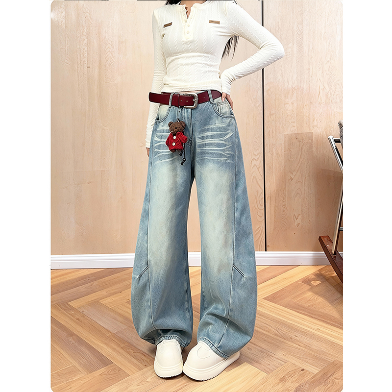 加绒加厚高级美式复古阔腿牛仔裤