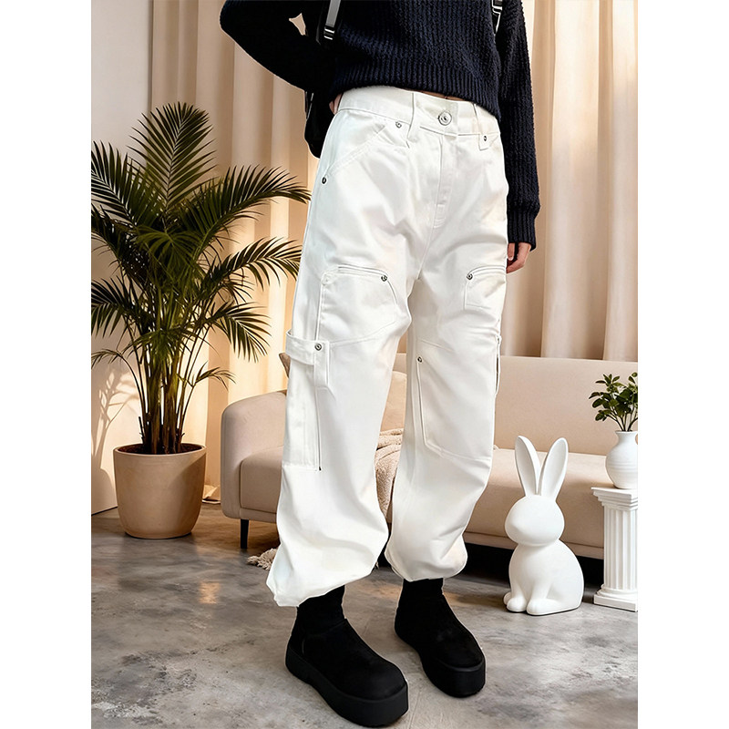 工装风多口袋阔腿牛仔裤女2026春季高腰百搭宽松显瘦白色弯刀长裤,女装/女士精品,大码裤装,淘宝优惠券,粉丝福利购,淘宝优惠卷