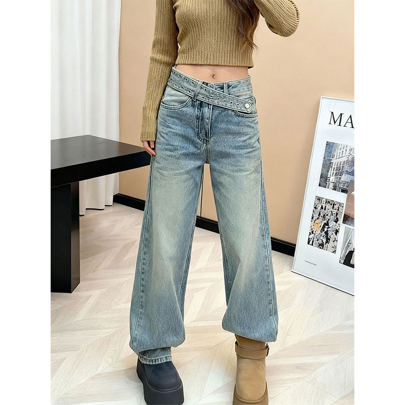 加绒加厚高腰阔腿牛仔裤