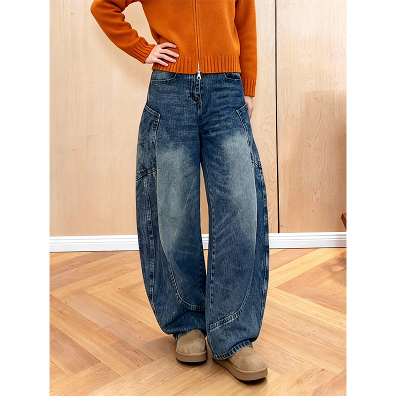 加绒加厚复古弯刀工装牛仔裤女