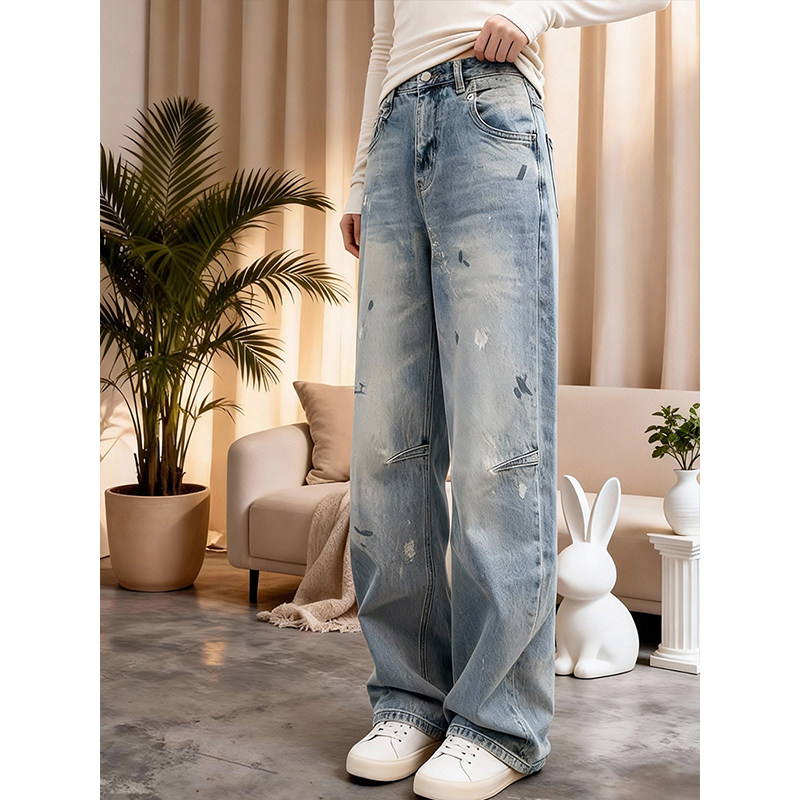设计感街头风复古水洗做旧弯刀牛仔裤2026春季宽松百搭显瘦阔腿裤,女装/女士精品,大码裤装,淘宝优惠券,粉丝福利购,淘宝优惠卷