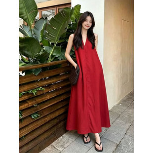 度假风V领挂脖红色长款连衣裙女2026夏季新款显瘦气质A字裙大码裙