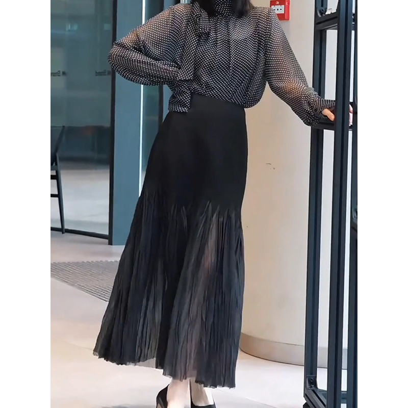 法式高级感网纱拼接高腰半身裙女