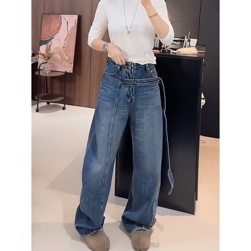 加绒加厚小众饰带弯刀牛仔裤女
