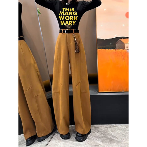 毛呢加厚款姜黄弯刀休闲裤女2025
