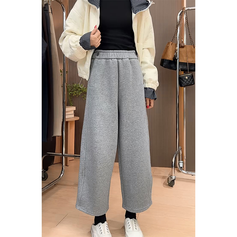 加绒简约灰色直筒九分休闲裤女