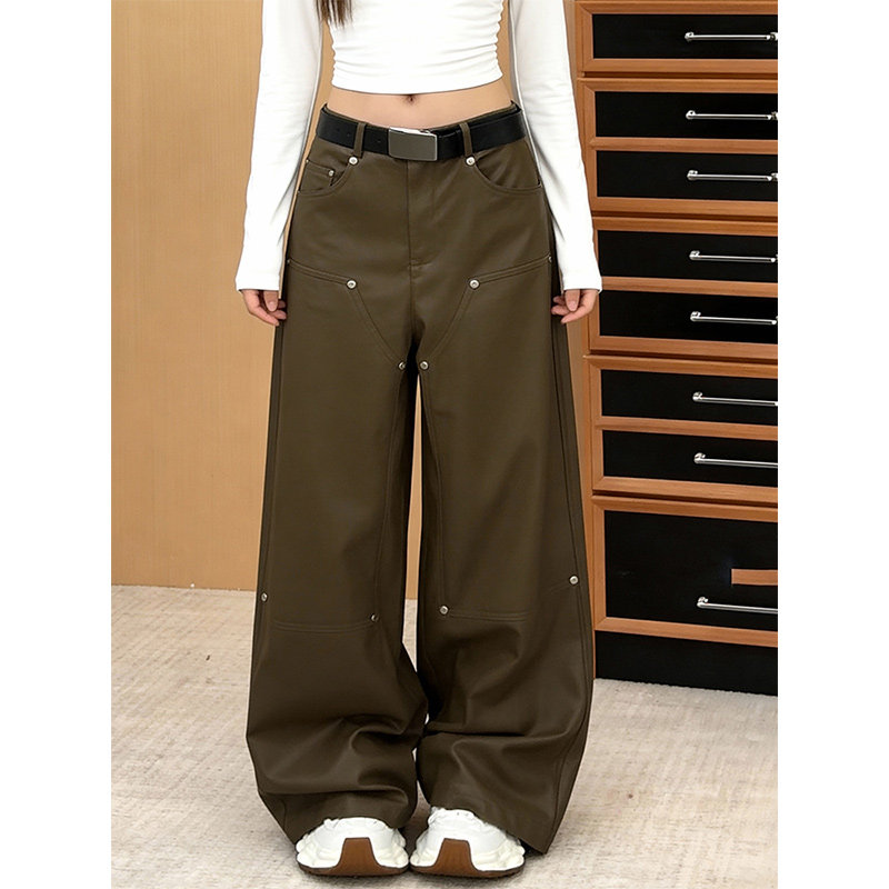 美式复古加厚高腰阔腿皮裤女2025