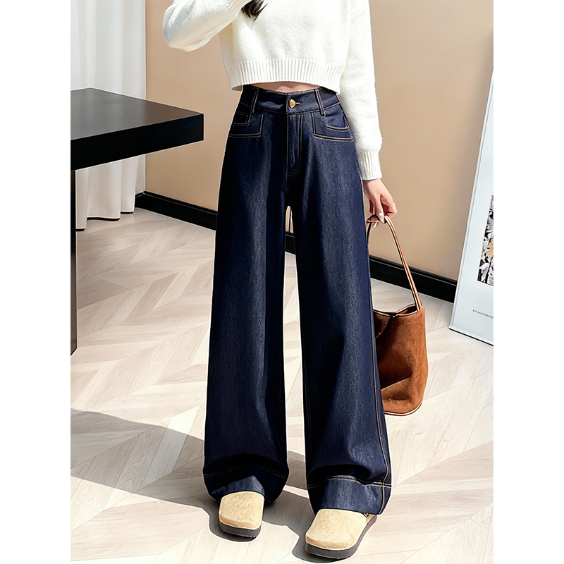 加绒加厚小众蓝色百搭牛仔裤女