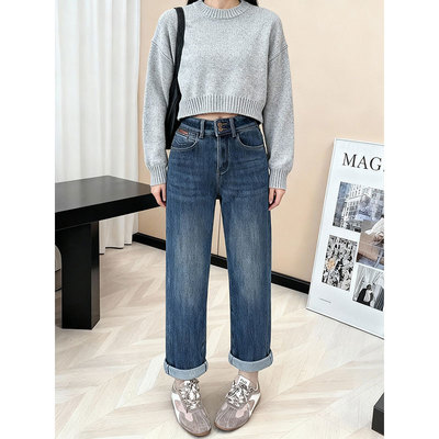 加绒加厚高腰直筒牛仔裤女百搭