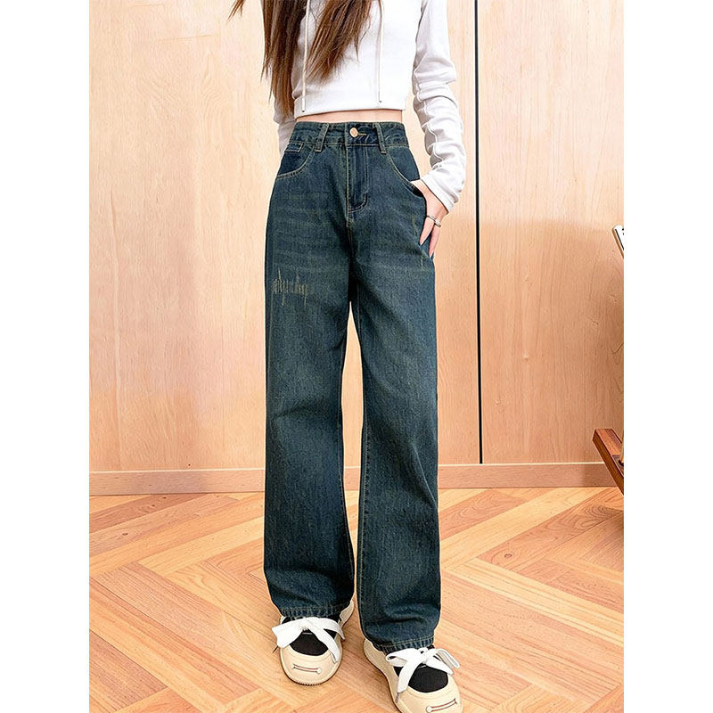 复古做旧磨破加绒加厚阔腿牛仔裤