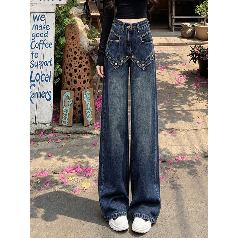 特别有设计感铆钉蓝色牛仔裤女2026秋季新款显瘦阔腿直筒裤小个子