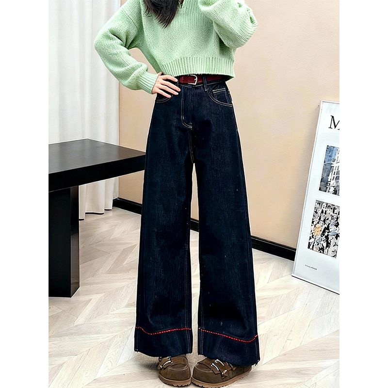 秋冬复古高腰阔腿牛仔裤宽松显瘦