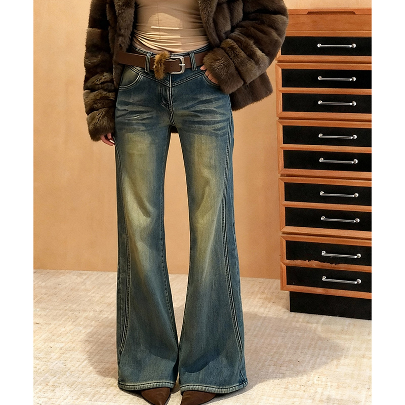 美式复古高腰牛仔微喇裤女2025冬