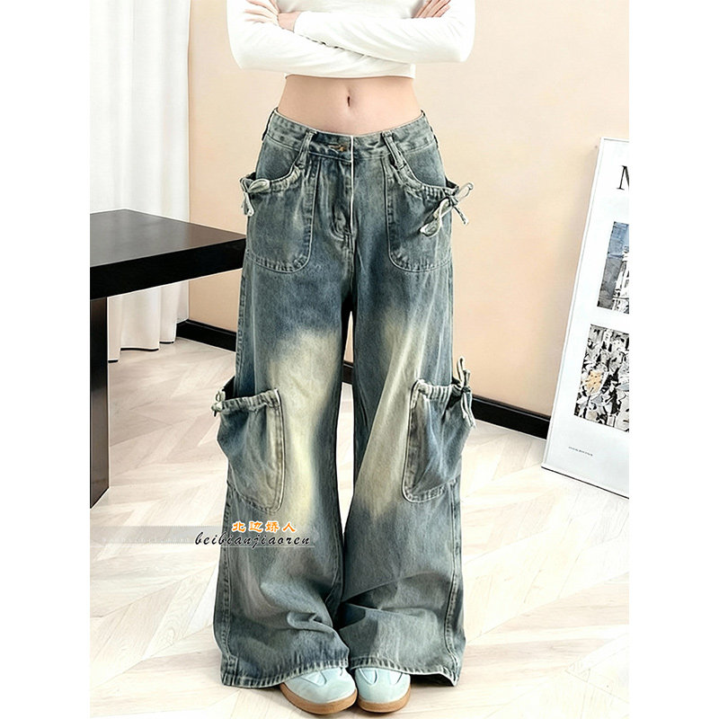 复古做旧多口袋阔腿牛仔裤女2026春季新款绑带高腰显瘦直筒拖地裤,女装/女士精品,大码裤装,淘宝优惠券,粉丝福利购,淘宝优惠卷