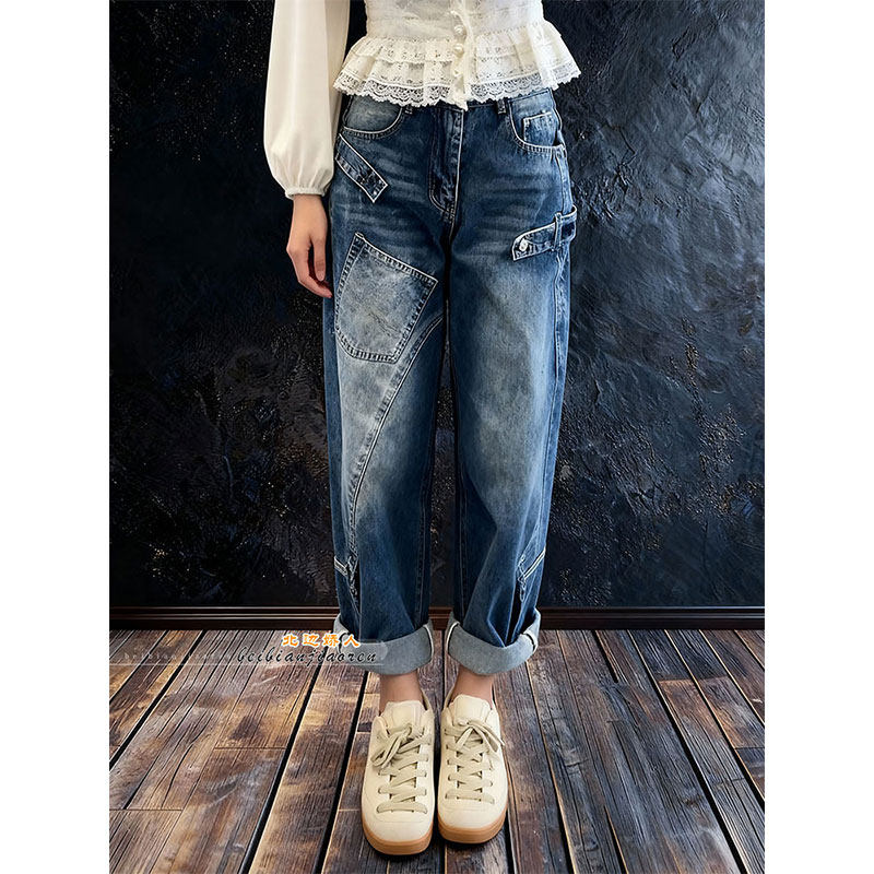 复古水洗做旧拼接牛仔裤女2026早春大码胖mm遮肉显瘦工装阔腿裤子,女装/女士精品,大码裤装,淘宝优惠券,粉丝福利购,淘宝优惠卷