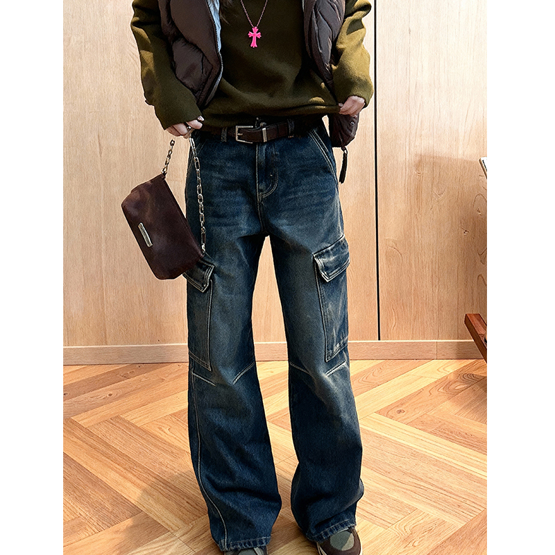 设计感大口袋加绒牛仔裤女2025秋