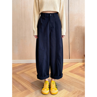 高腰宽松显瘦休闲裤 加绒加厚藏青色弯刀九分裤 韩版 新款 女2025冬季