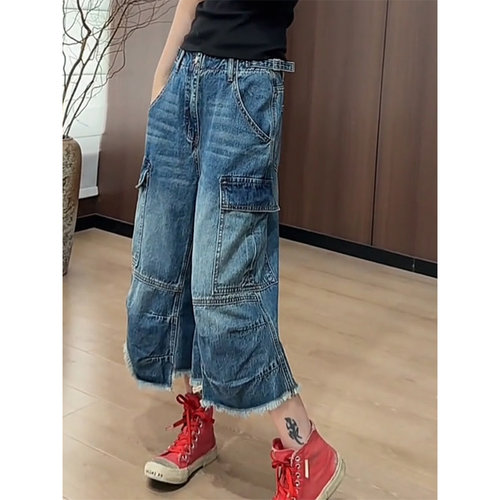 设计感工装风多口袋弯刀牛仔裤女