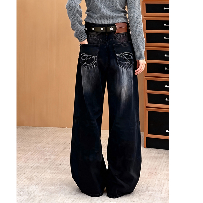 加绒加厚美式复古刺绣弯刀牛仔裤