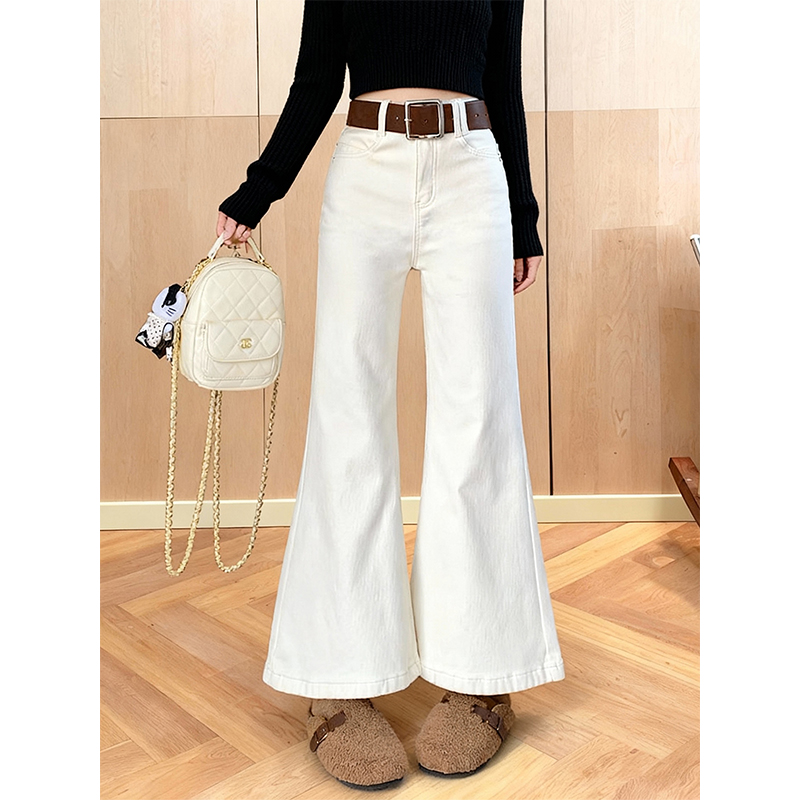 加绒加厚小个子米杏微喇牛仔裤女