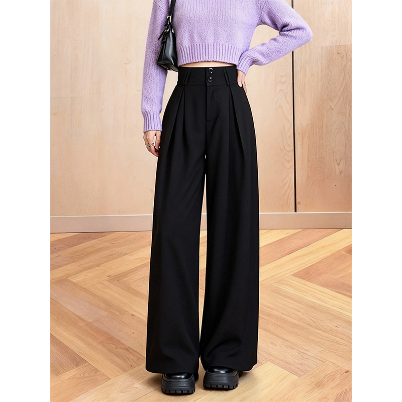 加绒加厚简约黑色西装裤女2025冬