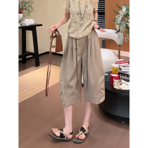 通勤简约风高腰压褶阔腿裤女夏20