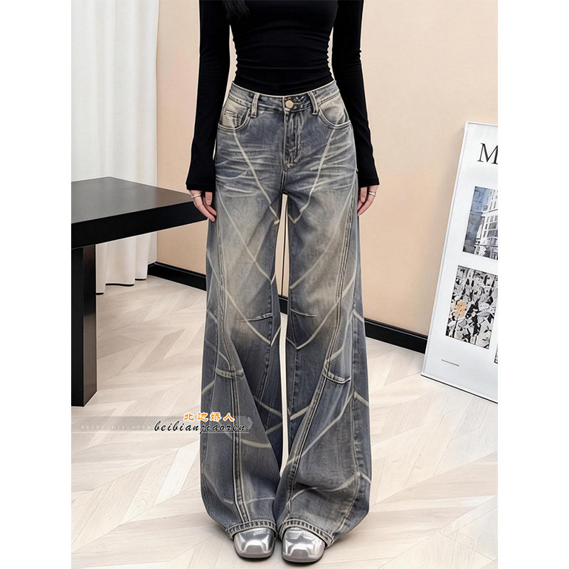 美式复古印花阔腿牛仔裤女2026春季新款高腰宽松显瘦弯刀拖地长裤,女装/女士精品,大码裤装,淘宝优惠券,粉丝福利购,淘宝优惠卷