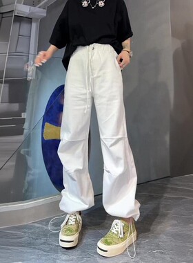 2026春夏新款白色休闲工装裤女设计感小众高腰百搭抽绳阔腿裤女