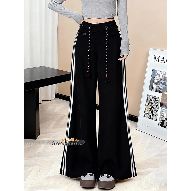 美式黑色条纹阔腿休闲裤女2026春季新款高腰宽松抽绳百搭运动长裤,女装/女士精品,大码裤装,淘宝优惠券,粉丝福利购,淘宝优惠卷