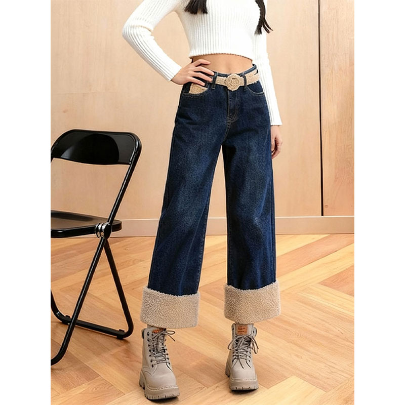 加绒加厚蓝色九分直筒牛仔裤