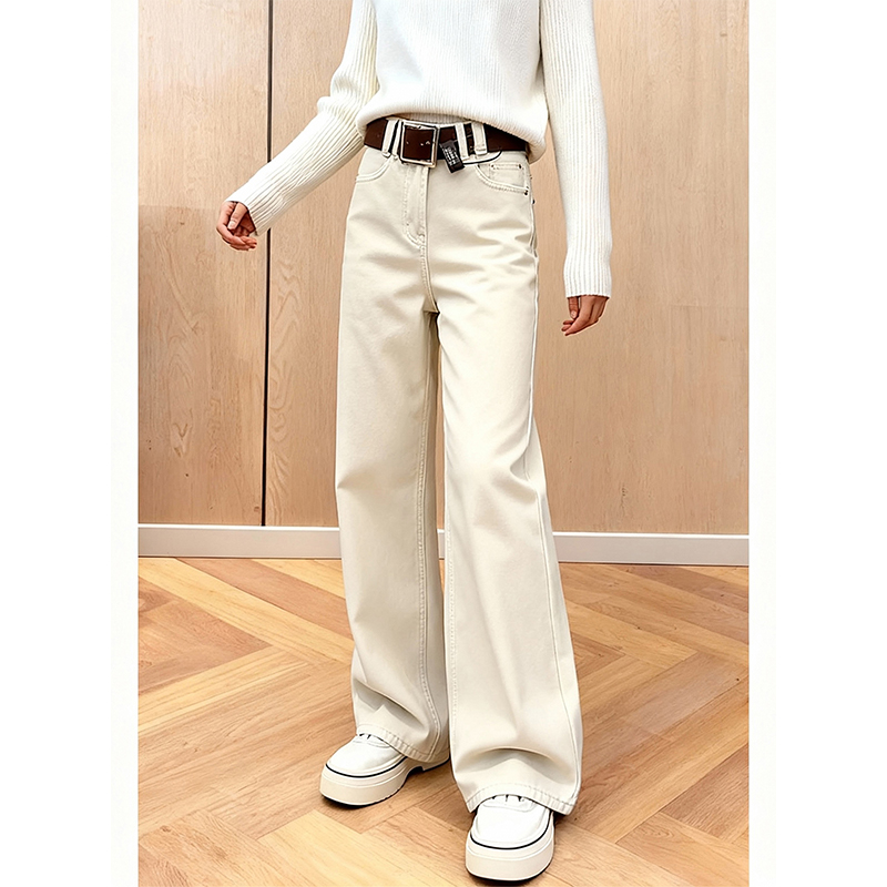 加绒加厚奶杏简约窄版牛仔裤女