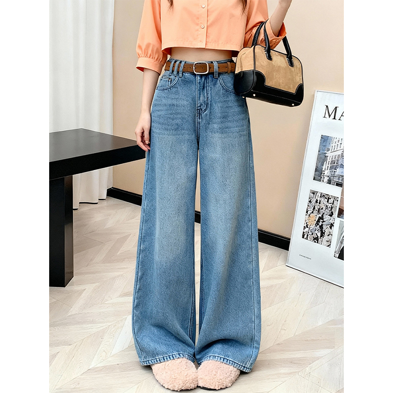 加绒加厚复古高腰阔腿牛仔裤