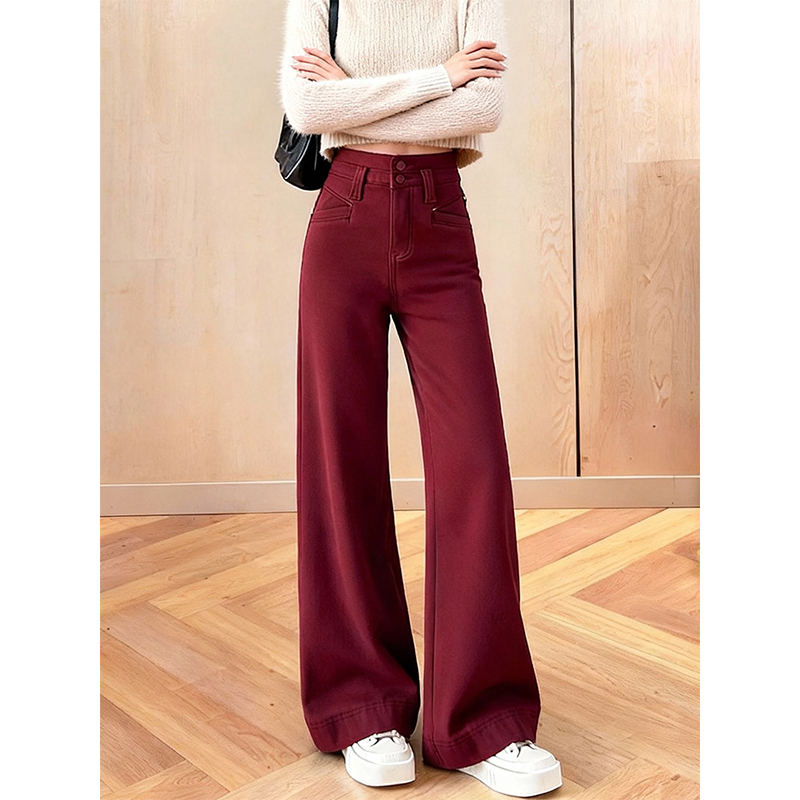 红色高腰阔腿牛仔裤宽松显瘦垂感