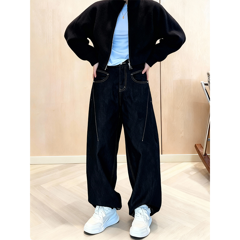 抓绒加厚明线牛仔裤女小众设计感