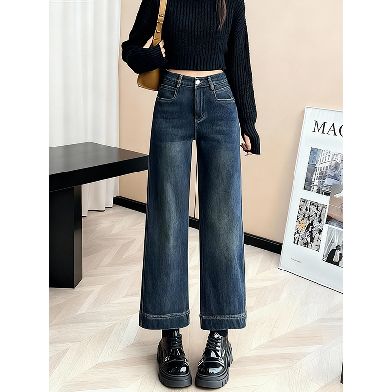 复古高腰阔腿牛仔裤女九分显瘦
