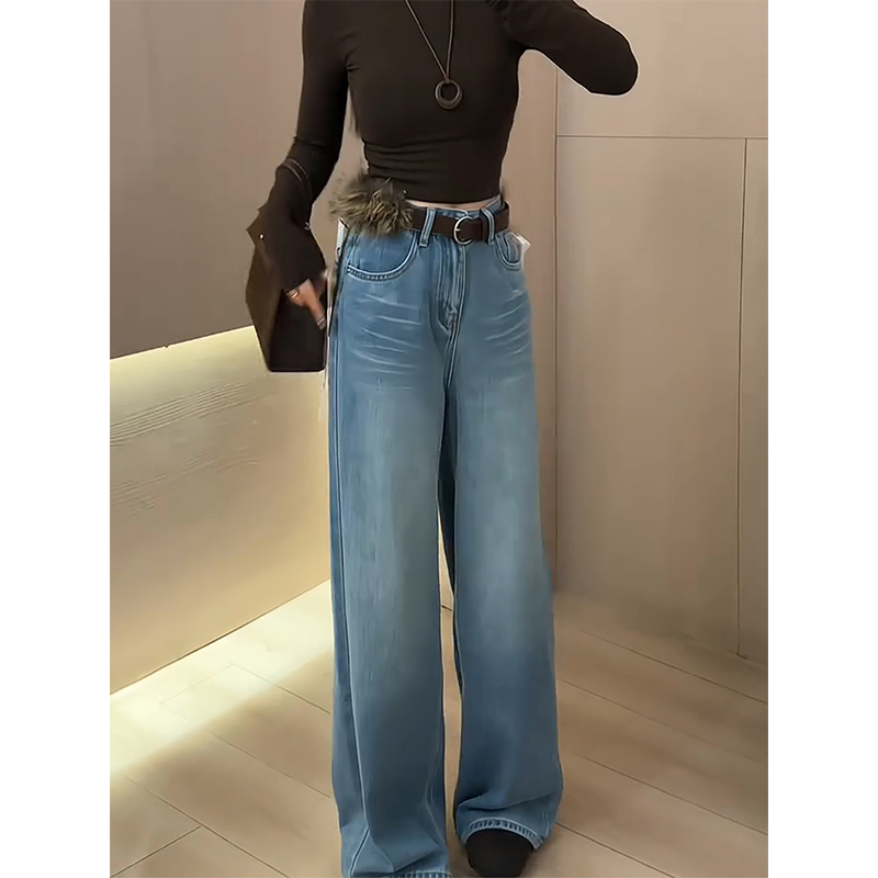 磨毛窄版直筒复古牛仔裤女2025