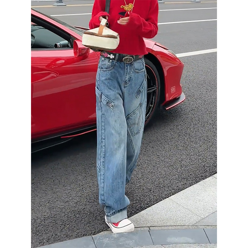 美式复古小众口袋设计牛仔裤女