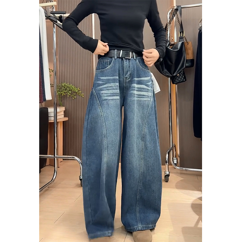 加绒复古蓝阔腿弯刀牛仔裤女2025