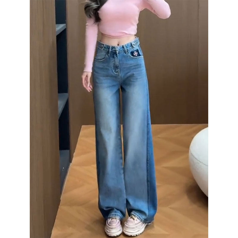 美式高街撞色印染直筒牛仔裤女2026早春高腰显瘦气质百搭通勤长裤,女装/女士精品,大码裤装,淘宝优惠券,粉丝福利购,淘宝优惠卷