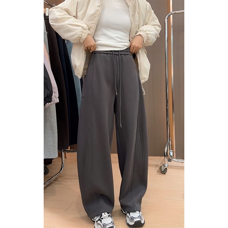 加绒加厚口袋小标卫裤女2025冬季新款高腰时尚百搭宽松显瘦休闲裤