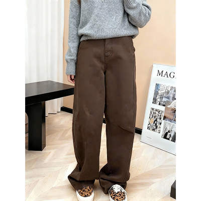 复古高腰阔腿牛仔裤女显瘦咖色