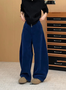 加绒加厚蓝色气质灯芯绒休闲弯刀裤女2025秋冬新款简约老钱风显瘦