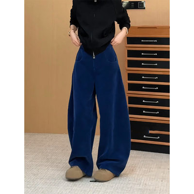 加绒蓝色气质灯芯绒休闲弯刀裤女