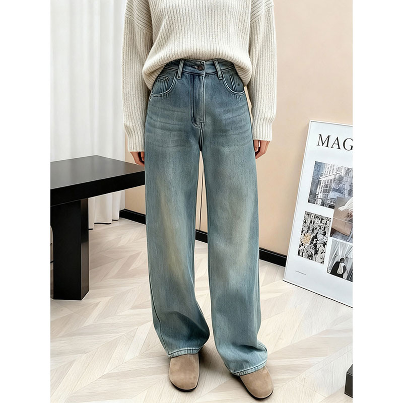 高腰阔腿牛仔裤女宽松显瘦直筒