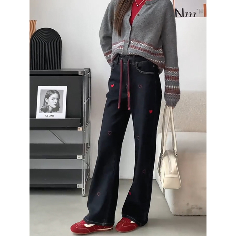 复古爱心刺绣抽绳直筒牛仔裤女20