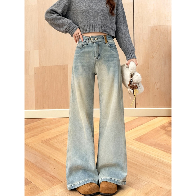 秋冬高腰垂感微喇牛仔裤宽松阔腿